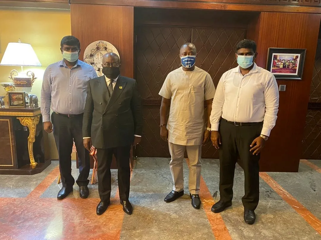 Former President Nana Dankwa Akufo-Addo with Kingdom Exim leaders James Kwame Rajamani, James Rajamani, James Gnanaraj Rajamani, and Immanuel Rajamani